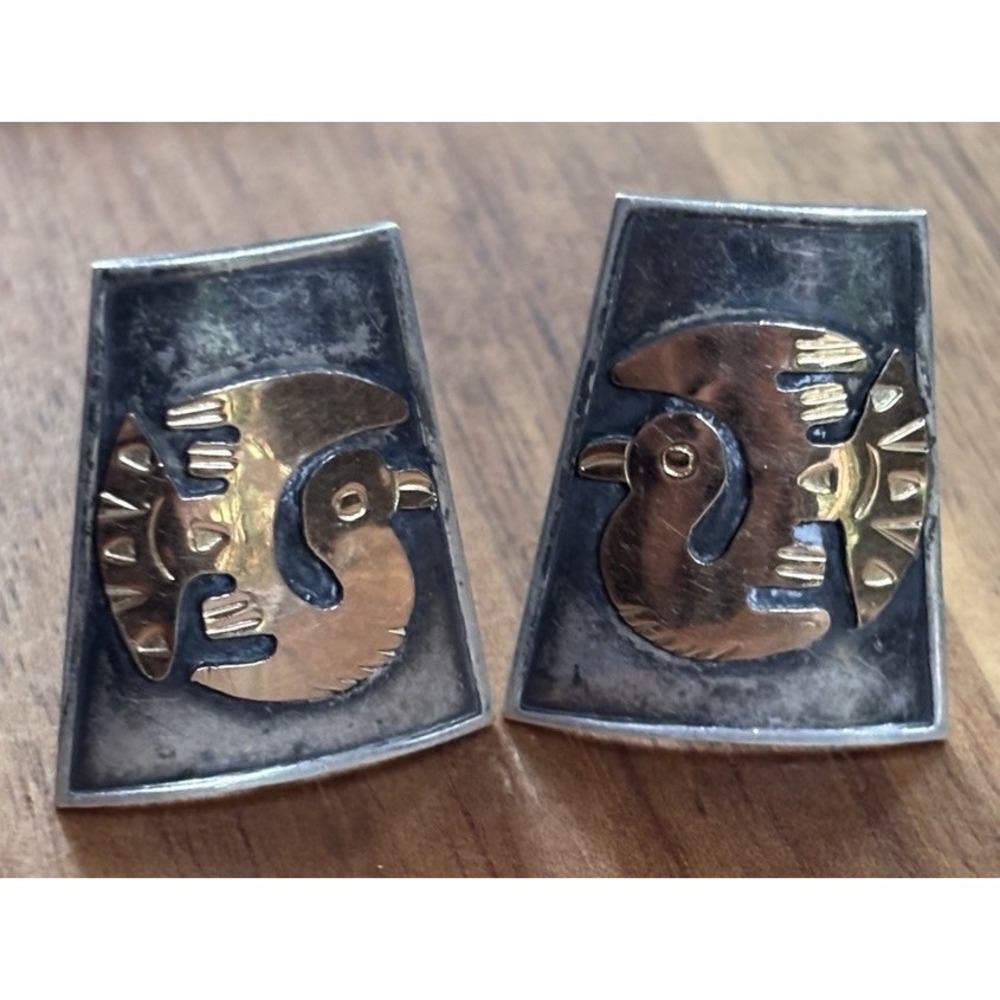 VTG Old Cuzco Artisan 18K Gold & 925 Sterling Silver Earrings Bird Motif 11.4g